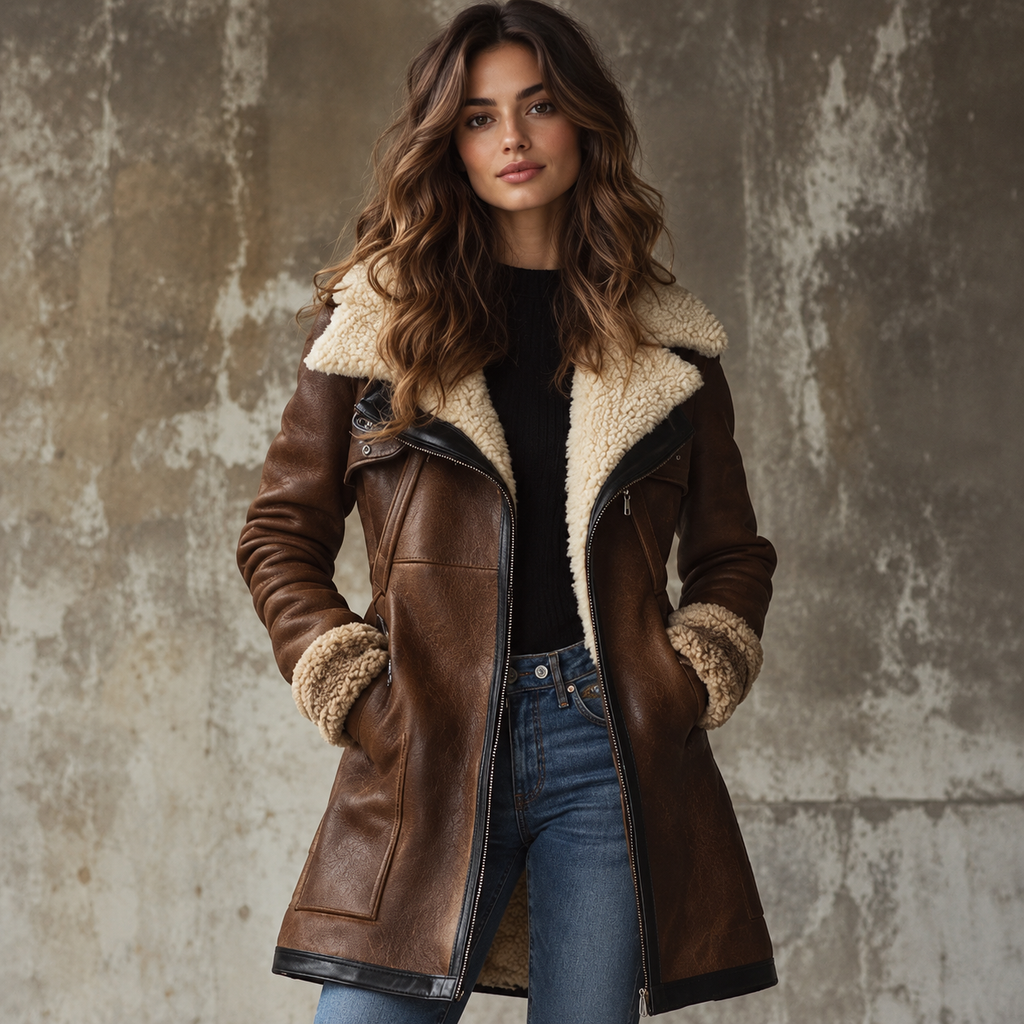 Women's Long Leather Coat with Faux-Fur Collar 1