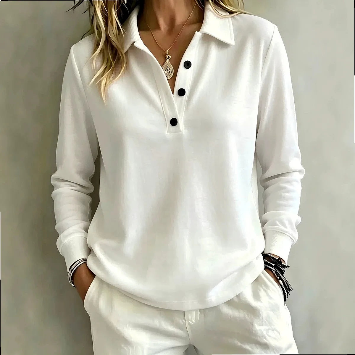 Women's Long-Sleeve Button Polo Top 1