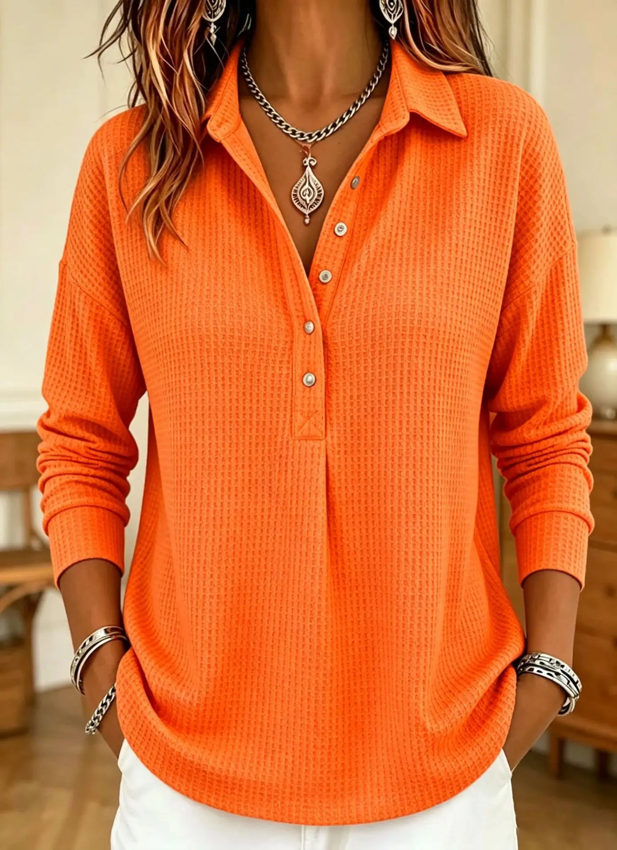 Women's Waffle-Knit Polo Sweater 10