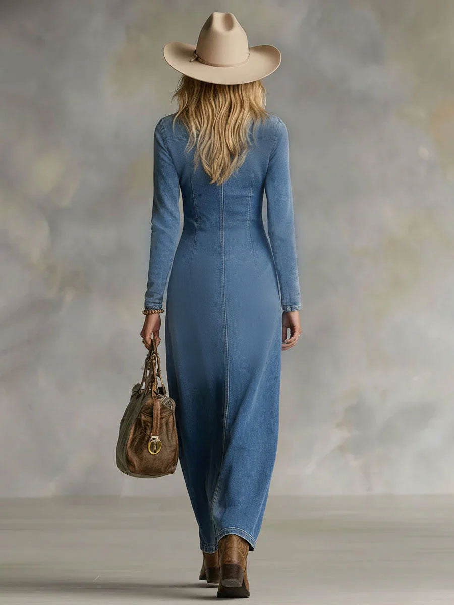 Women's Denim V-Neck Button-Down Maxi Dress 5