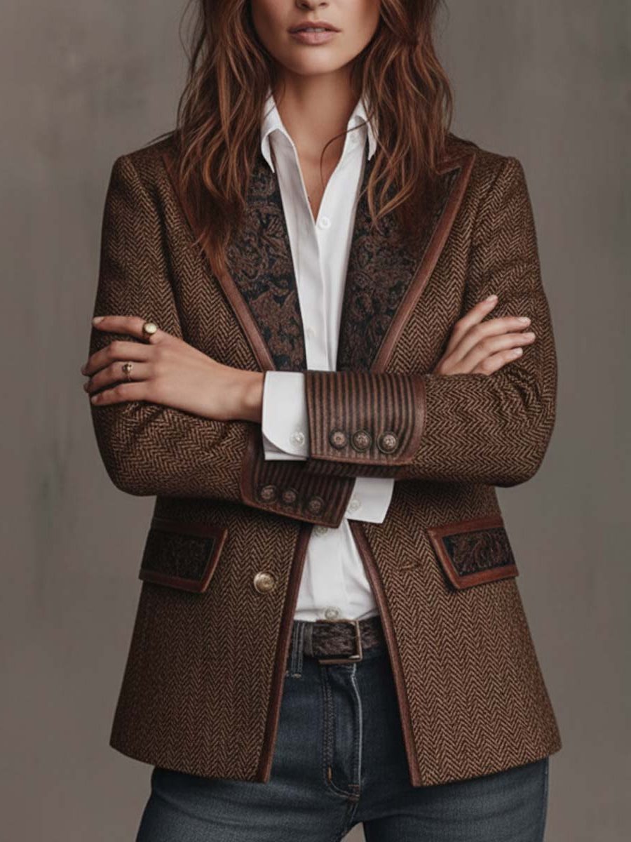 Women's Herringbone Lapel Button Blazer 3