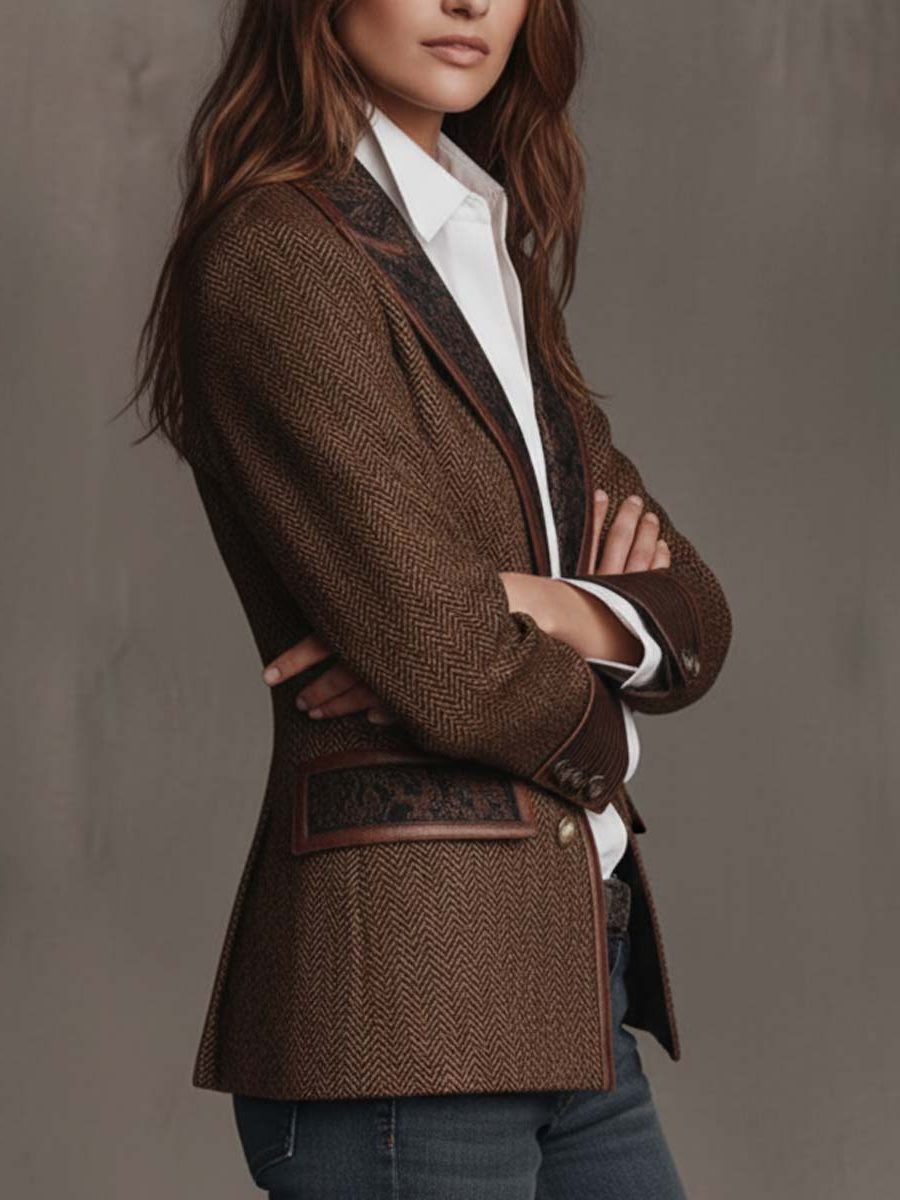 Women's Herringbone Lapel Button Blazer 4