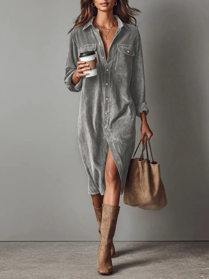 Women's Corduroy Button-Down Shirt Dress 7