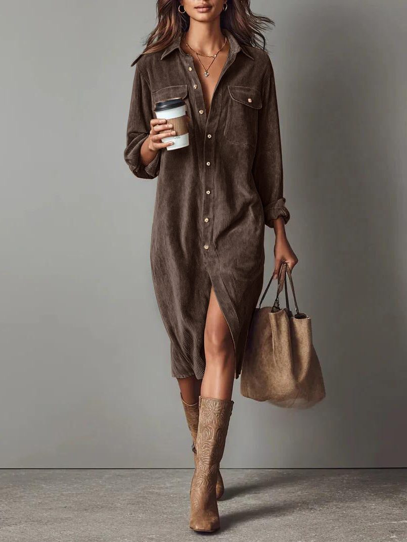 Women's Corduroy Button-Down Shirt Dress 12