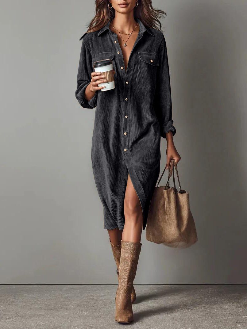 Women's Corduroy Button-Down Shirt Dress 6