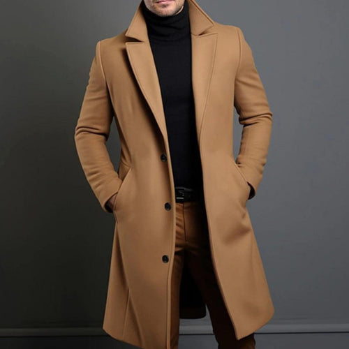 Men's Notched-Lapel Single-Button Long Overcoat 1