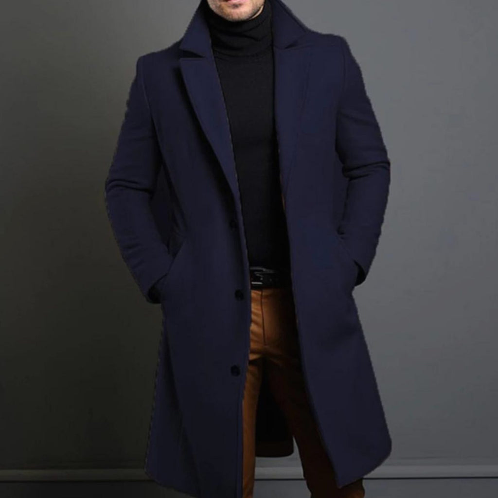 Men's Notched-Lapel Single-Button Long Overcoat 4