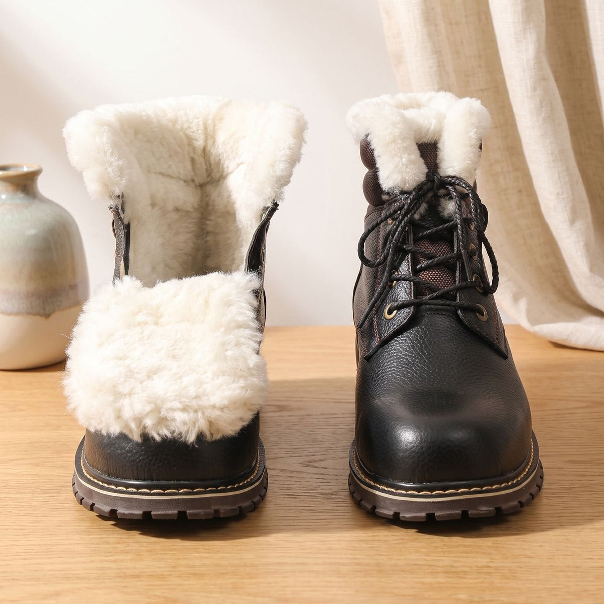 Men's wool-lined leather winter boots side view