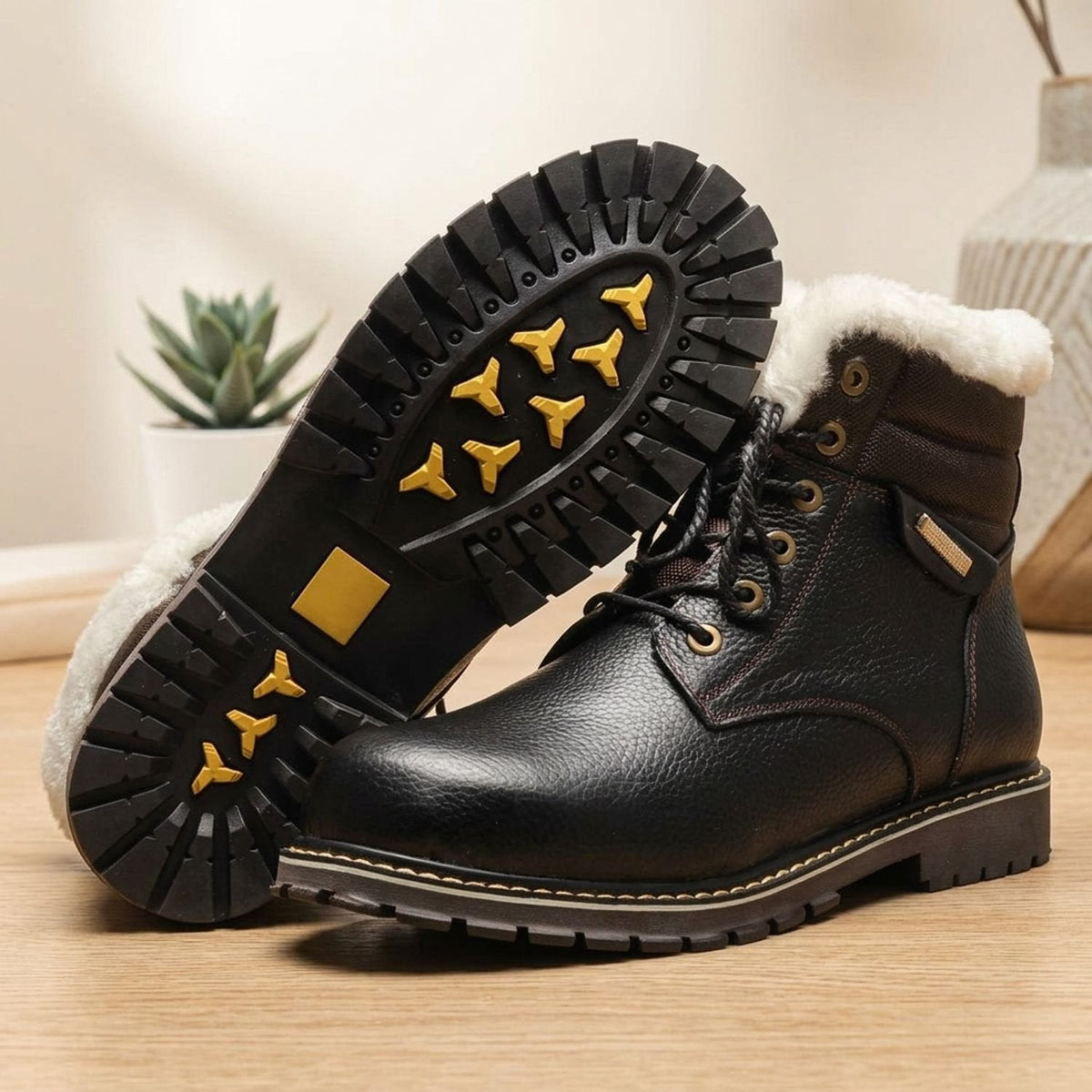 Men's leather winter boots wool lining