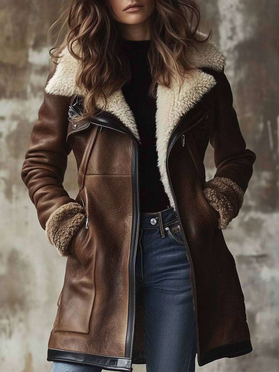 Women's Long Leather Coat with Faux-Fur Collar 2