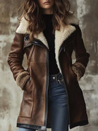 Women's Long Leather Coat with Faux-Fur Collar 2
