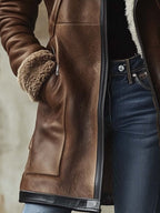 Women's Long Leather Coat with Faux-Fur Collar 3