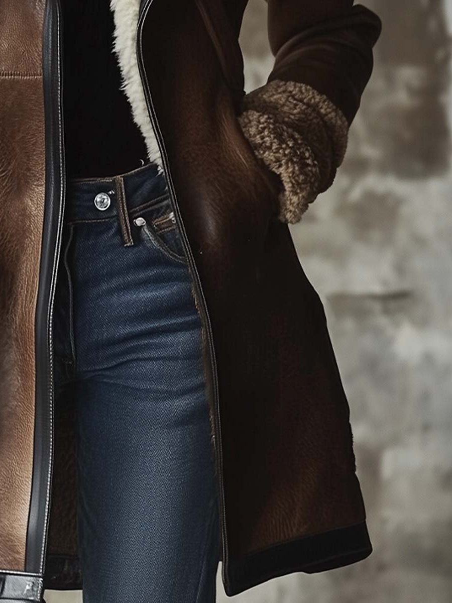 Women's Long Leather Coat with Faux-Fur Collar 4