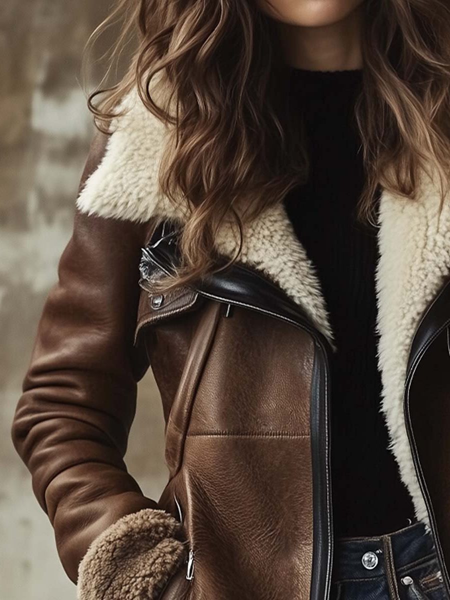 Women's Long Leather Coat with Faux-Fur Collar 5