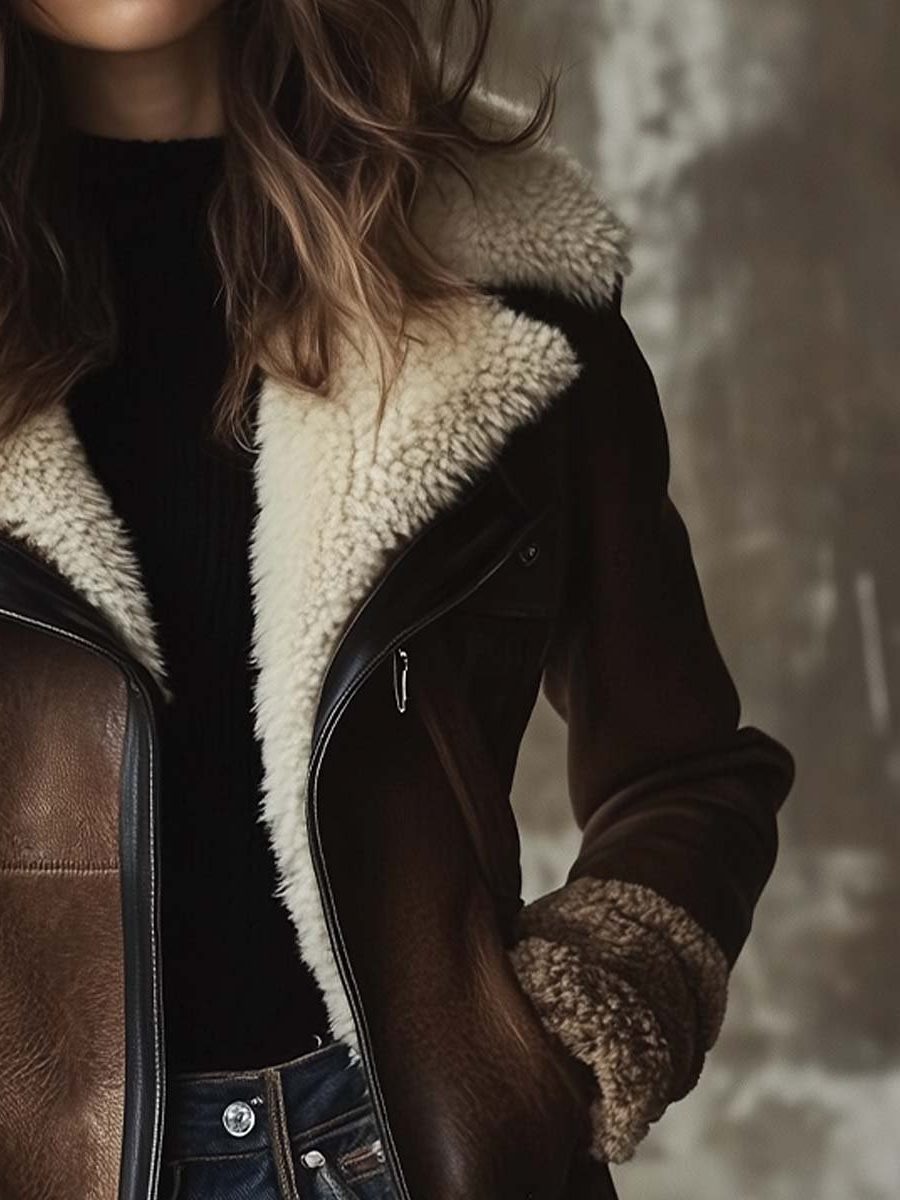 Women's Long Leather Coat with Faux-Fur Collar 6