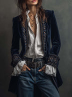 Women's Velvet Embroidered-Lapel Long Blazer 1