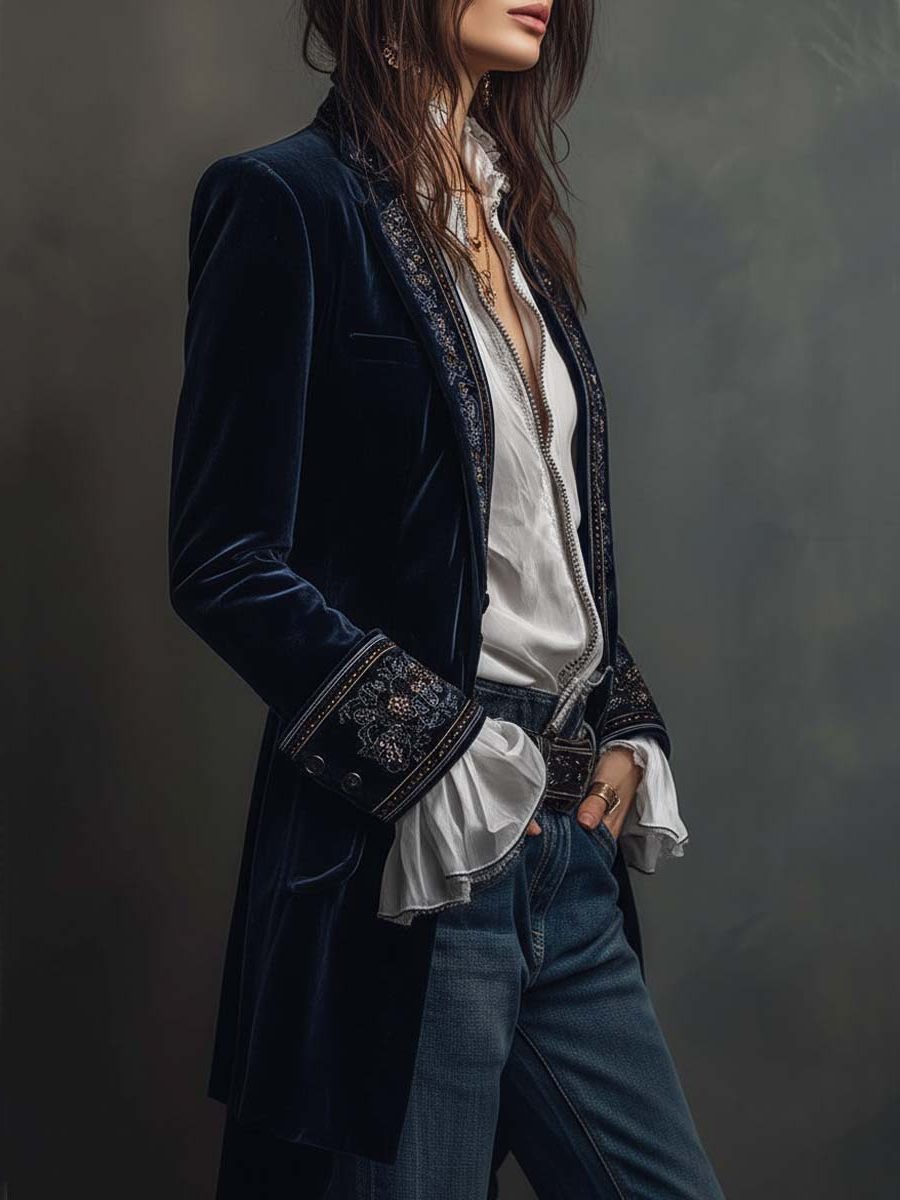 Women's Velvet Embroidered-Lapel Long Blazer 3