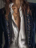 Women's Velvet Embroidered-Lapel Long Blazer 4