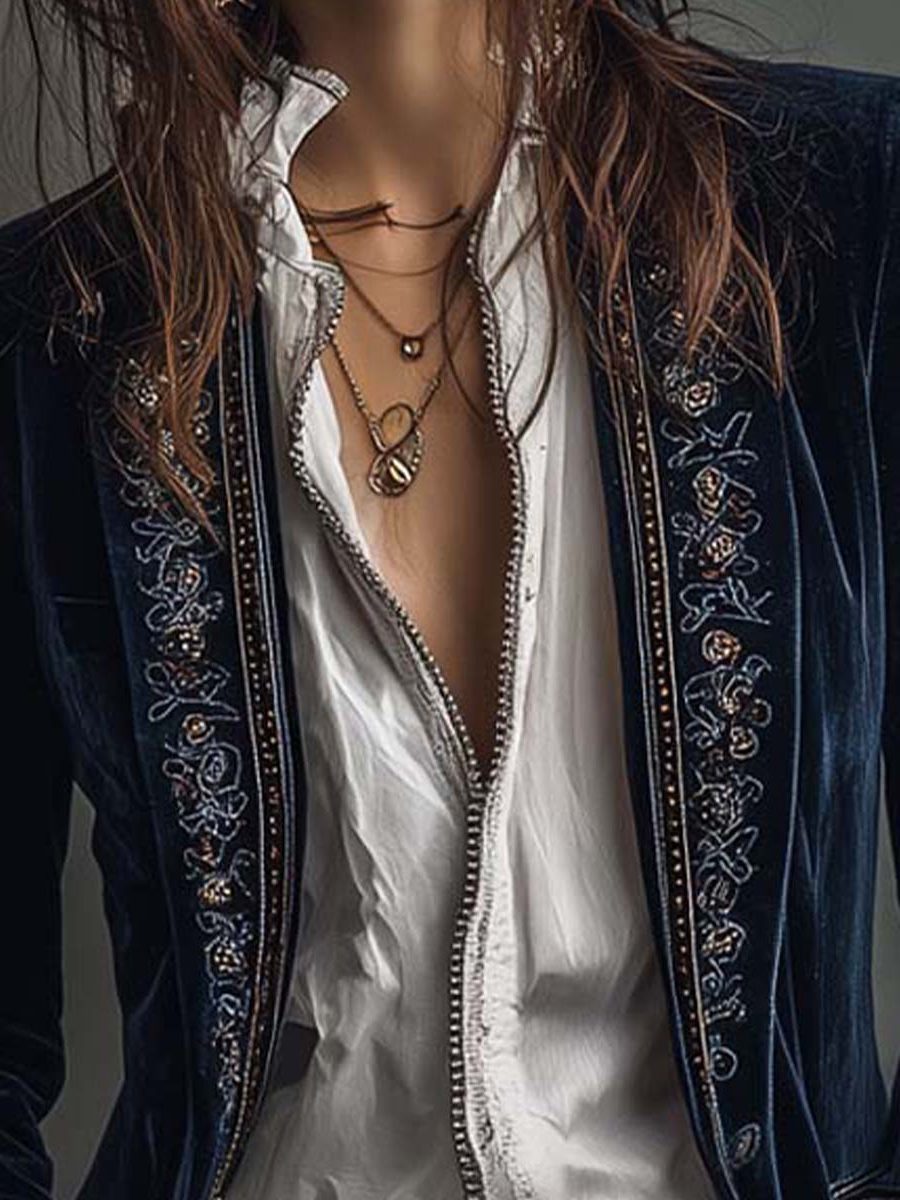 Women's Velvet Embroidered-Lapel Long Blazer 4