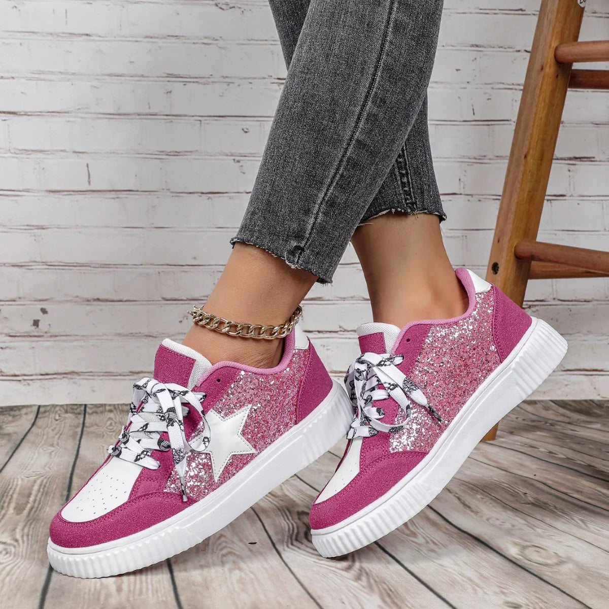 Women's Glitter Star Lace-Up Sneakers 4
