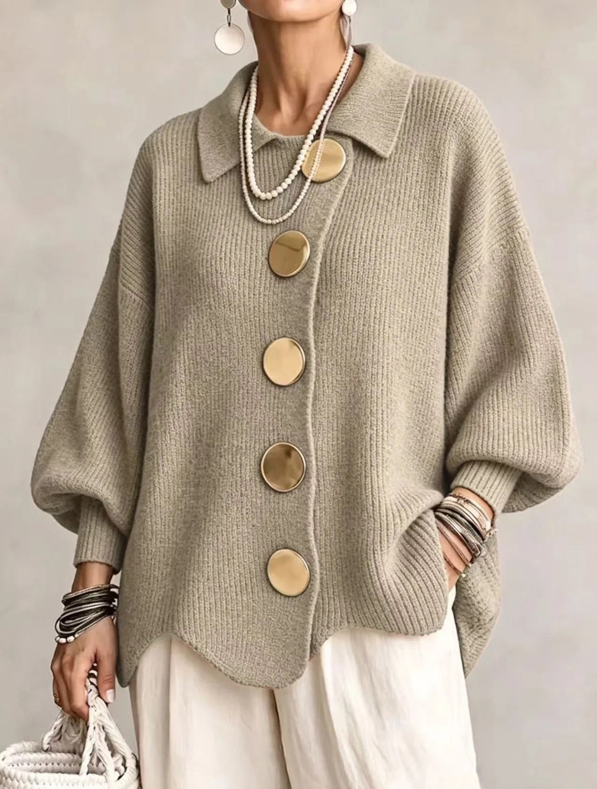 Women's Oversized Collared Chunky-Knit Cardigan 17