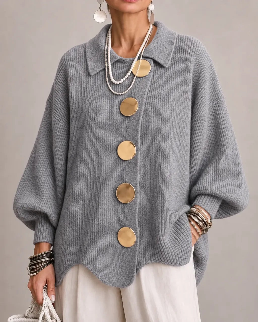 Women's Oversized Collared Chunky-Knit Cardigan 18