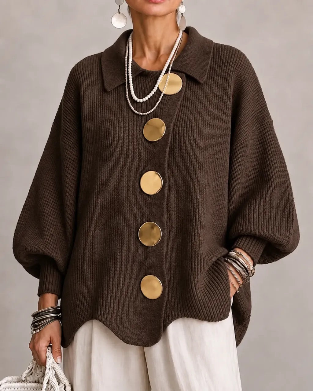 Women's Oversized Collared Chunky-Knit Cardigan 9